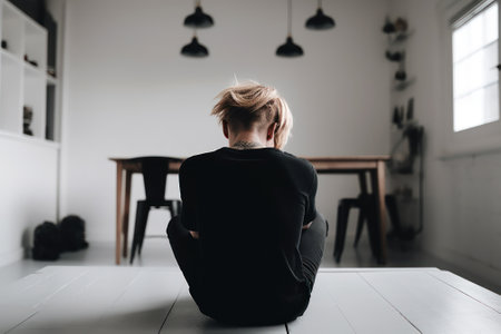 the guy sits by himself in an empty room loneliness generative ai.の素材