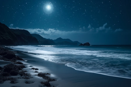 bright night landscape by the sea at full moon generative ai.の素材