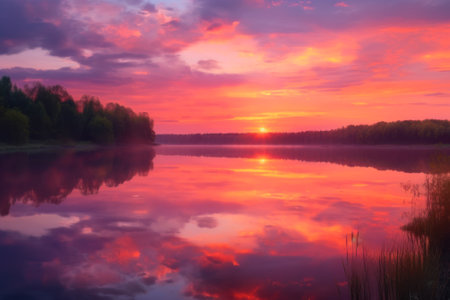 colorful purple heavenly sunset sky by calm evening river landscape generative ai.の素材