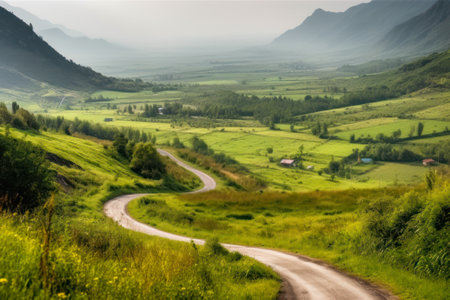 mountain winding road summer landscape with green vegetation generative ai.の素材
