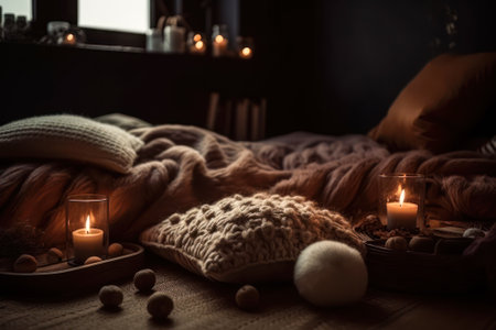 romantic mood by candle light for relaxation in the bedroom generative ai.の素材