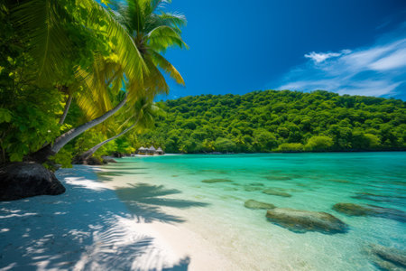 turquoise tropical beach with clear water surrounded by palm tree, summer holidays generative ai.の素材