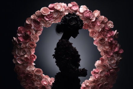 silhouette of feminine woman in pink roses generative ai.の素材