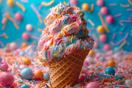 pink blue ice cream cone with confetti generative ai.の素材