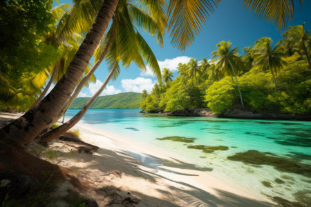 turquoise tropical beach with clear water surrounded by palm tree, summer holidays generative ai.の素材