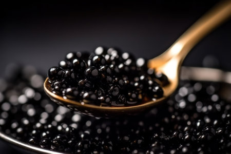 spoon with black sturgeon caviar, delicates fish food generative ai.の素材