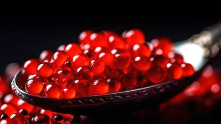 spoon with red salmon caviar closeup, sea deliates generative ai.の素材