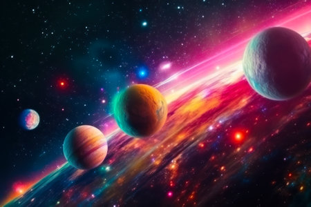 parade of planets in space in a colorful galaxy solar system generative ai.の素材