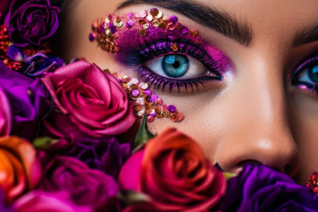 beautiful female eye makeup in flowers beauty care generative ai.の素材