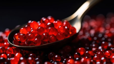 spoon with red salmon caviar closeup, sea deliates generative ai.の素材