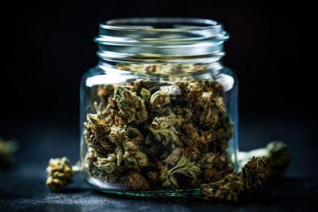 green dry cannabis buds in jar generative ai.の素材
