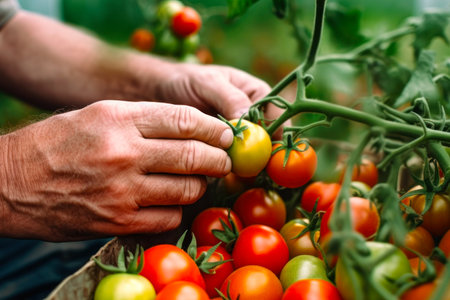hands gardener picking red tomatoes in the greenhouse generative ai.の素材