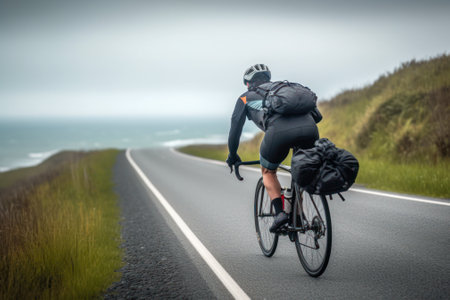 cyclist athlete rides on an empty road on a road bike generative ai.の素材