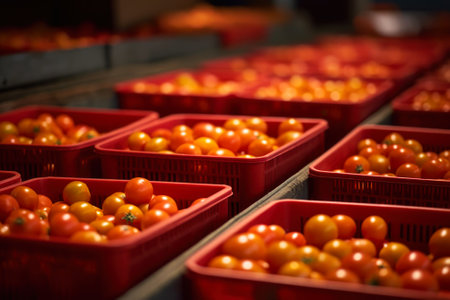 sorted tomatoes in containers, harvested tomato crop generative ai.の素材