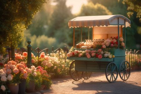 decoration wooden carriage vintage shop with flowers generative ai.の素材