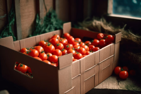 tomatoes in boxes, tomato season harvest generative ai.の素材