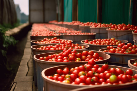 sorted tomatoes in containers, harvested tomato crop generative ai.の素材