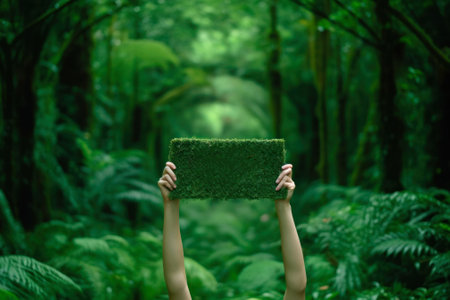 hands holding a green sign in the jungle, forest mockup generative ai.の素材