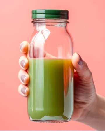 hand holding freshly kiwi juice in a bottle generative ai.の素材