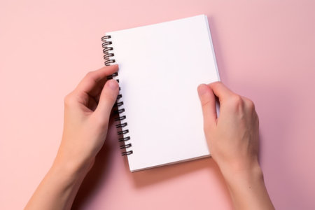 white blank notepad mockup in female hands on a pink background generative ai.の素材