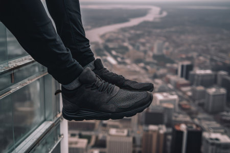 legs man on the edge of a high-rise building at high altitude generative ai.の素材