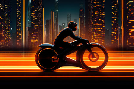 biker on a sports bike on orange background generative ai.の素材