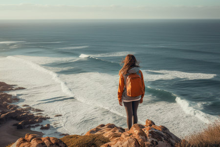 girl traveler on rock with sea background generative ai.の素材