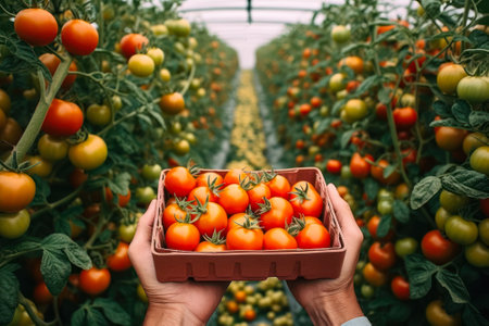 harvesting red tomatoes in a greenhouse ,box of tomatoes in hand generative ai.の素材