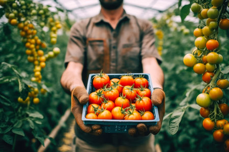 harvesting red tomatoes in a greenhouse ,box of tomatoes in hand generative ai.の素材