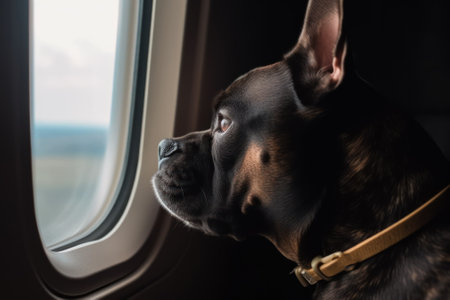 dog on the plane looking out the window generative ai.の素材