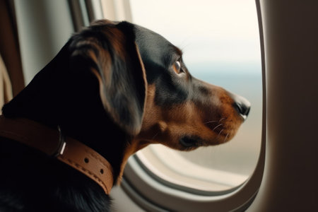 dog on the plane looking out the window generative ai.の素材