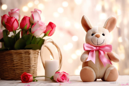 romantic gift for a girl a bouquet of roses and a plush rabbit generative ai.の素材