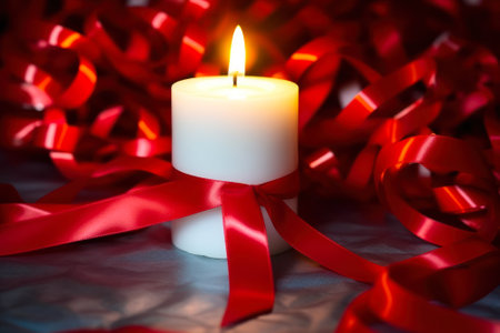 fired candle wrapped in red celebration ribbon, love mood generative ai.の素材