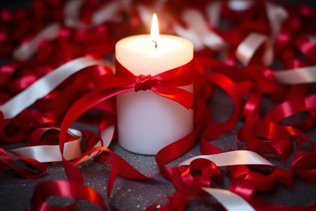 fired candle wrapped in red celebration ribbon, love mood generative ai.の素材