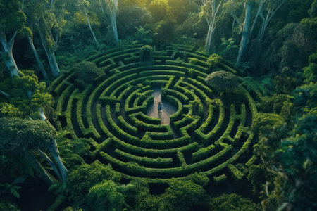green maze in forest jungle generative ai.の素材