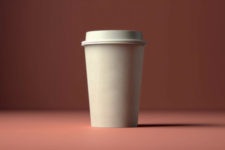 empty paper cup with coffee on brown background, mockup copy space generative ai.の素材