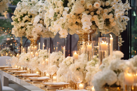empty white festive wedding table with candles and utensils, preparation for a banquet generative ai.の素材