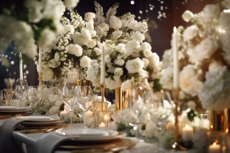 empty white festive wedding table with candles and utensils, preparation for a banquet generative ai.の素材