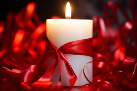 fired candle wrapped in red celebration ribbon, love mood generative ai.の素材