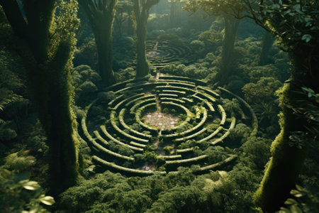 green maze in forest jungle generative ai.の素材