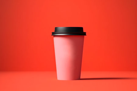 empty paper cup with coffee on red background, mockup copy space generative ai.の素材