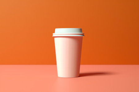 empty paper cup with coffee on orange background, mockup copy space generative ai.の素材