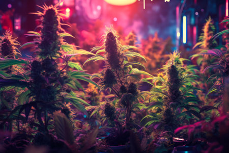 growing cannabis under purple led light , blooming marijuana buds generative ai.の素材