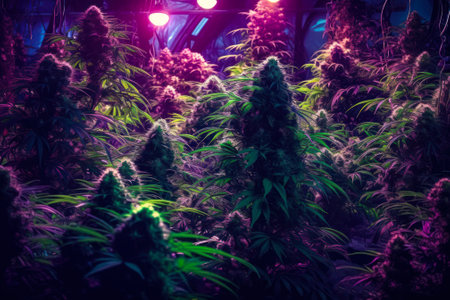 growing cannabis under purple led light , blooming marijuana buds generative ai.の素材