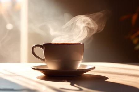 a cup of hot aroma coffee with the rays of the sun by the window generative ai.の素材