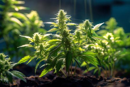 young autoflowering cannabis bush under the sun generative ai.の素材