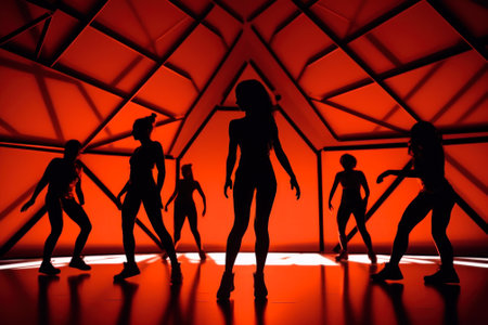 silhouettes of a group of dancing girls on stage with a red light in the background generative ai.の素材
