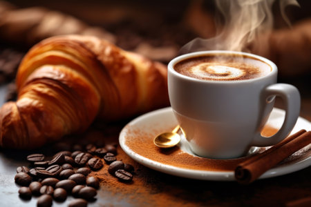 a cup of hot aroma coffee with the rays of the sun by the window generative ai.の素材