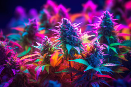 growing cannabis buds in led light beams generative ai.の素材