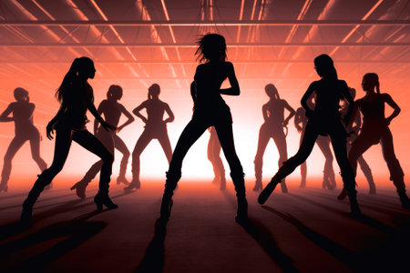 silhouettes of a group of dancing girls on stage with a red light in the background generative ai.の素材